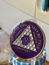 5 Year AA Medallion Purple Clear Diamond Like Crystal Sobriety Chip - £19.13 GBP