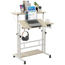 Mobile Stand Up Desk, Adjustable Laptop Desk With Wheels, Storage Desk Home Offi - £135.58 GBP