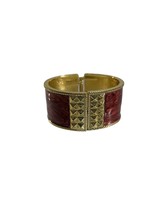 Metal Bracelet Brown Enamel Hinge Clamper Style Gold Tone Ornate 1.25&quot; Wide - £15.82 GBP