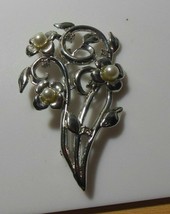 Silver-tone Faux Pearl Clear Rhinestone Floral Brooch - $9.41