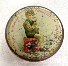 The Premier Biscuit of Britain Small Tin Boy Sitting on Box Eating Cooki... - $22.28
