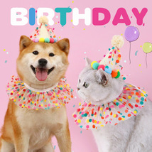 Pet Polka Dot Lace Bib Birthday Hat Set, Cat and Dog Bib Birthday Collar - $24.99+