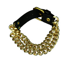 Double Row Curb Link Bracelet With Black Leather Clasp - $7.85+