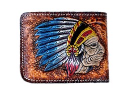 Money Clip wallet, Indigenous Chief Carved Wallet, Slim Bifold Wallet, b... - $43.99