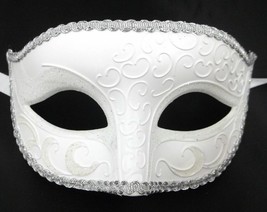 White Venetian Men Elegant Masquerade Mardi Gras Halloween Silver Trim Mask - £10.34 GBP