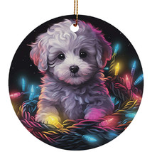 Cute Bichon Frise Puppy Dog In Christmas Light Ornament Ceramic Gift Tree Decor - £11.83 GBP