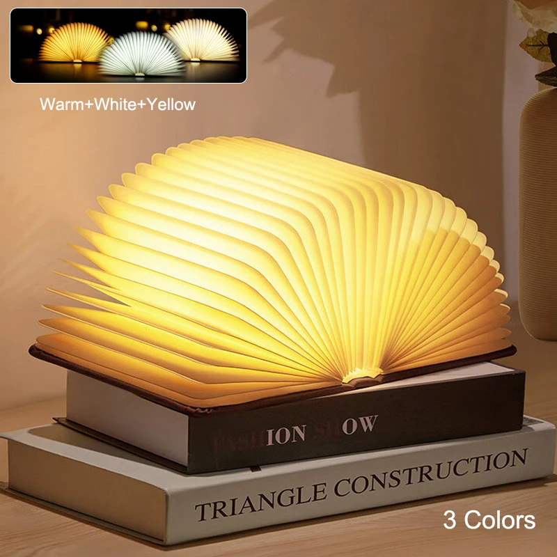 LED Folding Wooden Book Lights Rechargeable Creative Table Lamp 3 Colors Bedside - £17.65 GBP+