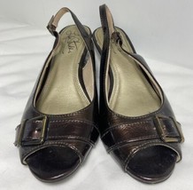 Life Stride Slingblack  Size 6.5 Brown Patent Leather Wedge Shoes  - £8.53 GBP