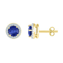 10kt Yellow Gold Womens Round Lab-Created Blue Sapphire Diamond Stud Earrings - £301.40 GBP
