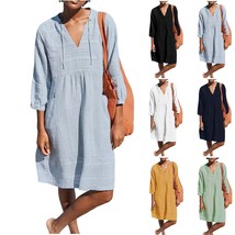 Boho Cotton and Linen Dress, V-neck Casual Loose Dress with Pocket, Midi... - £31.34 GBP