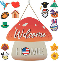 Mushroom Interchangeable Seasonal Welcome Sign Front Door Decoration Wall Hangin - £9.76 GBP