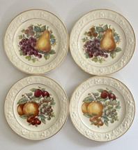 4 Homer Laughlin Eggshell embossed, gold rim salad plates, apples, grape... - $15.84