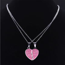 Stainless Steel Best Friends Broken Heart Pink Puzzle Pendant Necklace - $21.99