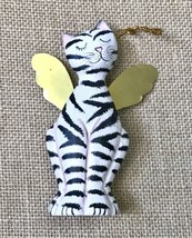 Wood Striped Tabby Angel Cat Ornament w Metal Wings Christmas Holiday Kitty - £7.00 GBP