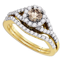 14kt Yellow Gold Round Cognac-brown Diamond Bridal Wedding Engagement Ring Set - £1,193.71 GBP