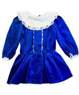 Evy Vintage Soft Velvet Blue Dress White Collar Lace Trim 4T - $536.22 MXN