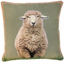 Throw Pillow Needlepoint Standing Sheep Right 18x18 Sage Green Cotton Velvet - $280.00