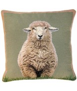 Throw Pillow Needlepoint Standing Sheep Right 18x18 Sage Green Cotton Ve... - $384.22 CAD