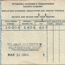 Vintage Pittsburgh Chartiers Youghiogheny Railroad Company Employee Paystub 7 - £11.15 GBP