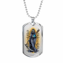 Muerte saint of holy death necklace dog tag stainless steel or 18k gold 24 chain eylg 1 thumb200