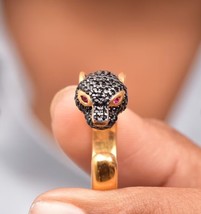 Black Onyx Gold Panther Antique Ring Adjustable Open Gap Band, Gold Plated - £125.98 GBP