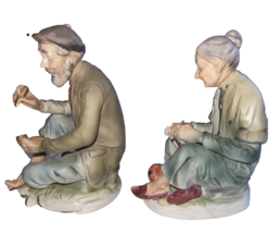 Lot of 2 Porcelain Figurines Old Man Smoking Pipe Old Woman Knitting Sock 6&quot; t - £19.31 GBP