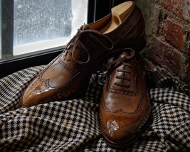 MEN&#39;S Handmade Oxfords Brown Wingtip Brogue Leather Lace Up Shoes - £127.42 GBP