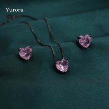 Fashion Crystal Small Heart Jewelry Sets Pink Pendant Necklace cute Earrings Set - £18.77 GBP
