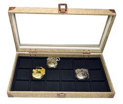 18 Display Pocket Watch Show Case Burlap Dark Beige Metal Clasp  - $50.95