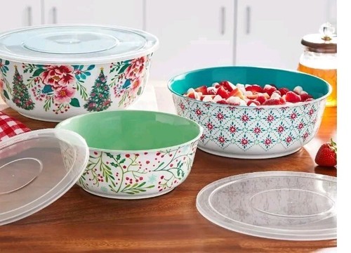 Pioneer Woman ~ 6-Piece Melamine Bowl Set ~ Nesting Bowls w/Lids ~ MERRY PRINT Item image 2