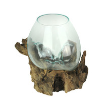 Large Molten Glass Sculptural Bowl Plant Terrarium On Natural Driftwood Base - £58.83 GBP