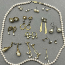 Pearl Jewelry Lot Gold Tone Pearls Pierced Earrings Necklace Filigree Untested - £32.70 GBP