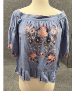 Altar&#39;d State Top Womens Small Blue Off Shoulder Boho Floral Embroidered... - £22.26 GBP