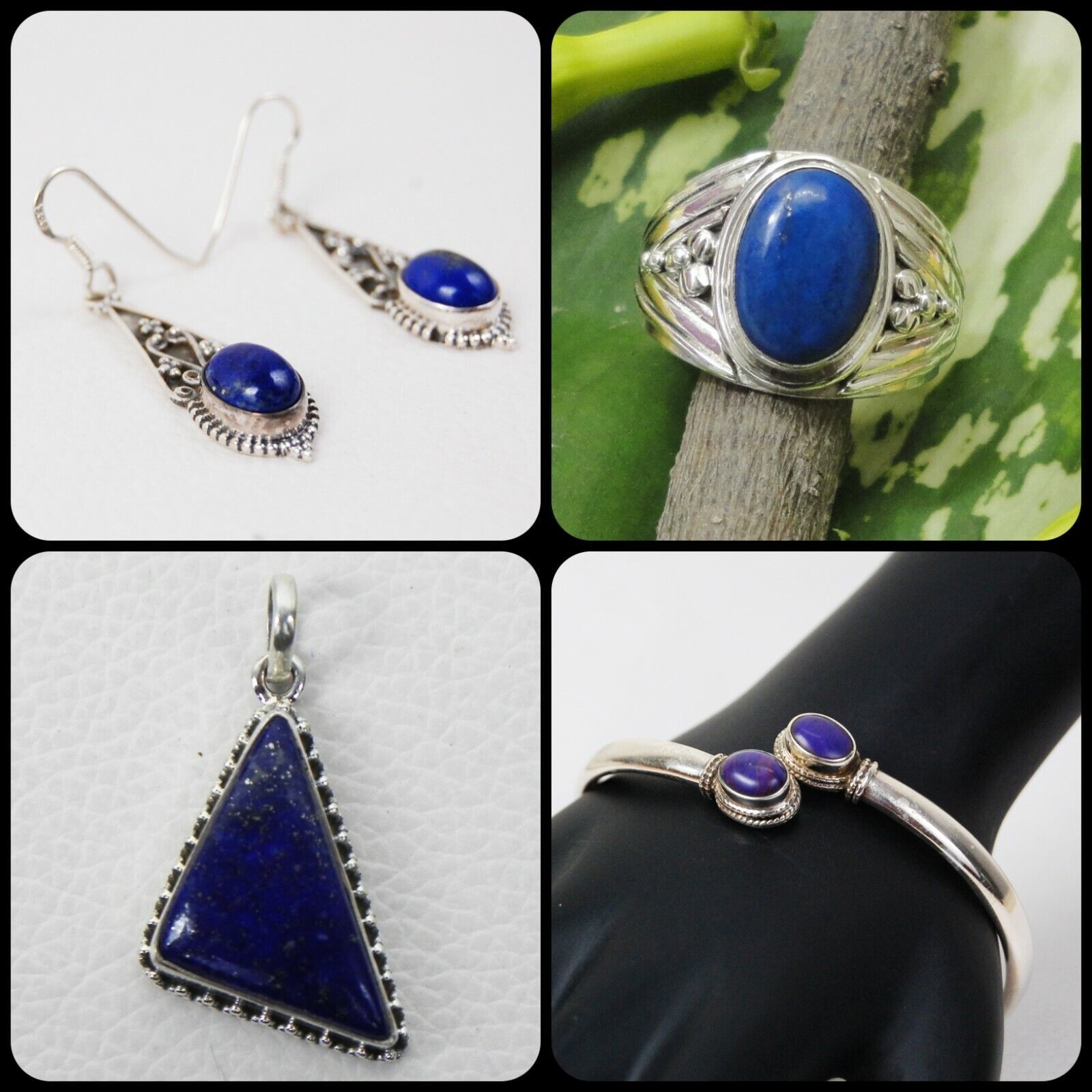 Primary image for 925 Argent Naturel Lapis Lazuli Fait à la Main Pendentif D Bague Bracelet 4 PC