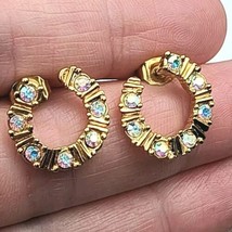 Avon Aurora Borealis Rhinestone Hoop Earrings Gold tone Vintage Signed  - $9.49