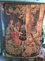 Antique Belgian Tapestry Renaissance Gathering Under the Moon - £39.61 GBP