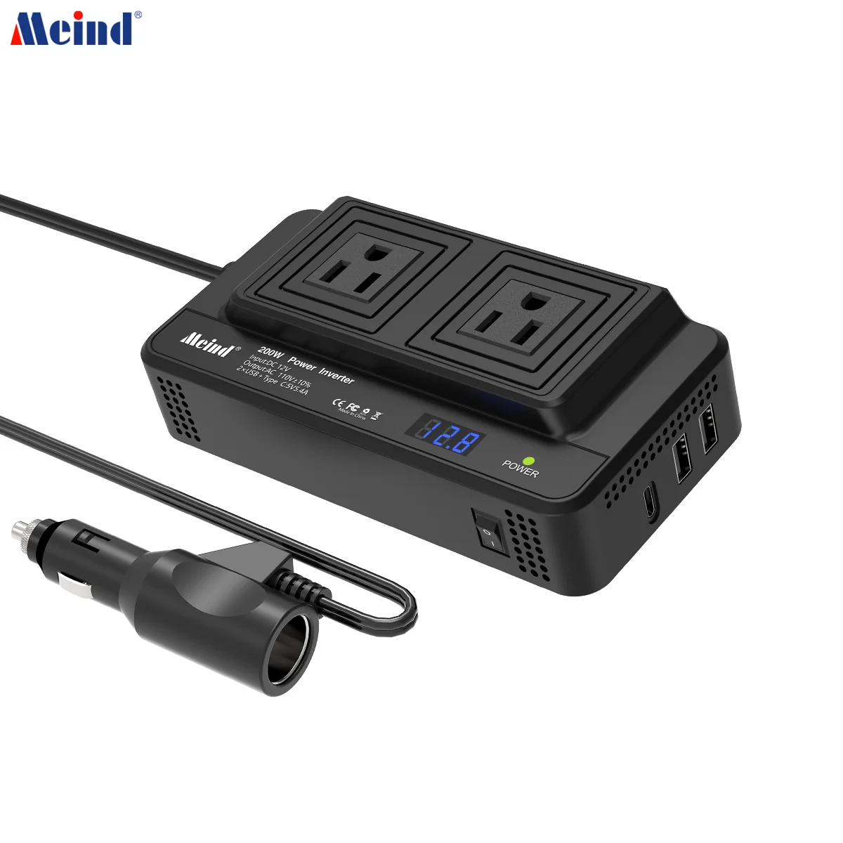 Meind 200W Power Inverter DC 12V to 110V AC Inverter with 2 USB+Type-C ports Car - £25.65 GBP