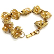 Vintage Signed 12k Gold Filled I.P.S. Imperial Pearl Floral Leaf Bracelet 6 1/2 - £67.26 GBP