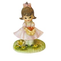 Lefton Girl Pink Dress Standing In Flowers Holding Apples Ceramic Figurine 5707 - £18.00 GBP