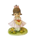 Lefton Girl Pink Dress Standing In Flowers Holding Apples Ceramic Figuri... - £17.71 GBP