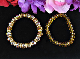 Pair Ab Amber Crystal Glass Bead Bracelets Vintage Rhinestone Rondelles Beaded - £14.79 GBP