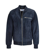 DR120 Men&#39;s Suede Thin Nap Rib Knit Cuffs Leather bomber Jacket Blue - $176.25