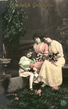 Family, mother and daughters, Art Deco postcard, gifts tinted, 1920 Circa - $4.95