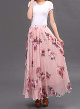 Pink Floral Long Chiffon Skirt Women Summer Plus Size Flower Chiffon Skirt image 3