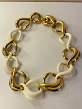 Napier Choker Chunky Link Chain Necklace 10” Gold Tone &amp; White Enamel Vintage - £15.49 GBP