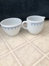 Vintage Pyrex by Corning Blue Snowflake Garland Milk Glass Creamer and Sugar - $19.39