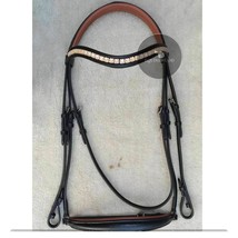 Handmade Black Leather Horse Bridle with Yellowish Clear Crystal Browband Brown  - £54.88 GBP