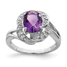 Sterling Silver Oval Amethyst &amp; Diamond Ring - £76.49 GBP