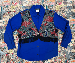 Vtg 80s 90s Ozark Mountain Blue Cotton Button Down Fringe Shirt Sz S/M W... - $48.38