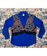 Vtg 80s 90s Ozark Mountain Blue Cotton Button Down Fringe Shirt Sz S/M W... - £38.07 GBP